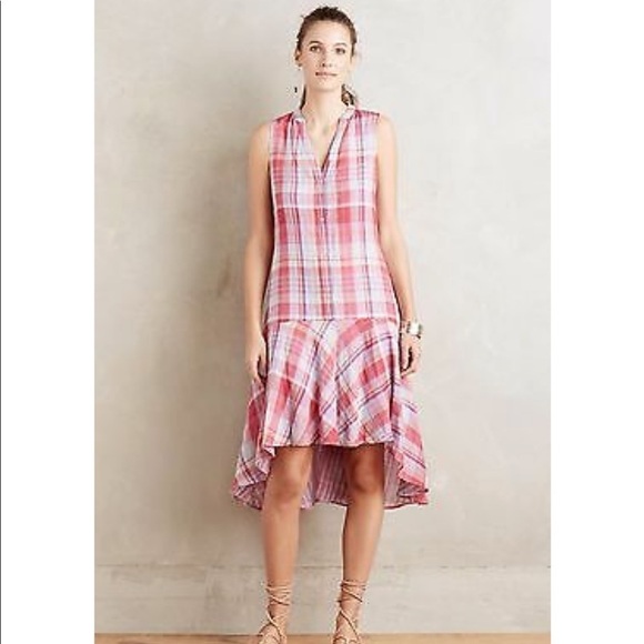 𝅺Anthropologie Pippa Swing Dress Plaid Cotton sleeveless High low summer small - Picture 1 of 8